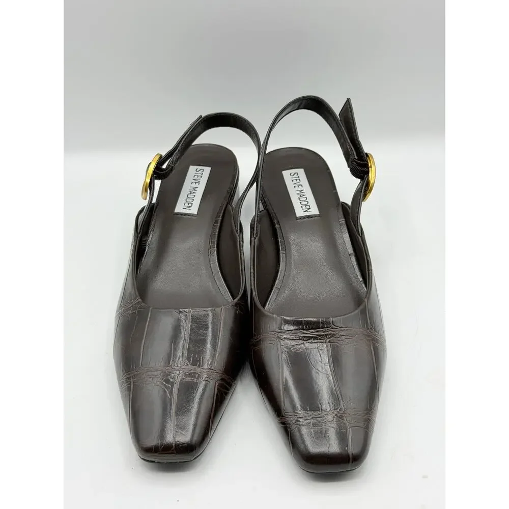 STEVE MADDEN Darvy Slingback Croc Embossed Square Toe Mule Brown Sz 9 $100